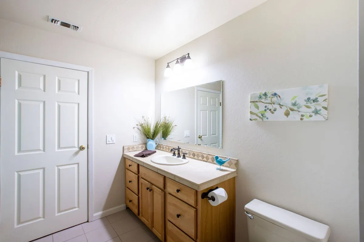 A tranquil bathroom vignette with a stylish vanity, large mirror, decorative wall art, and fresh plants in a vase. The calm and inviting setting is perfect for personal grooming and moments of self-care.